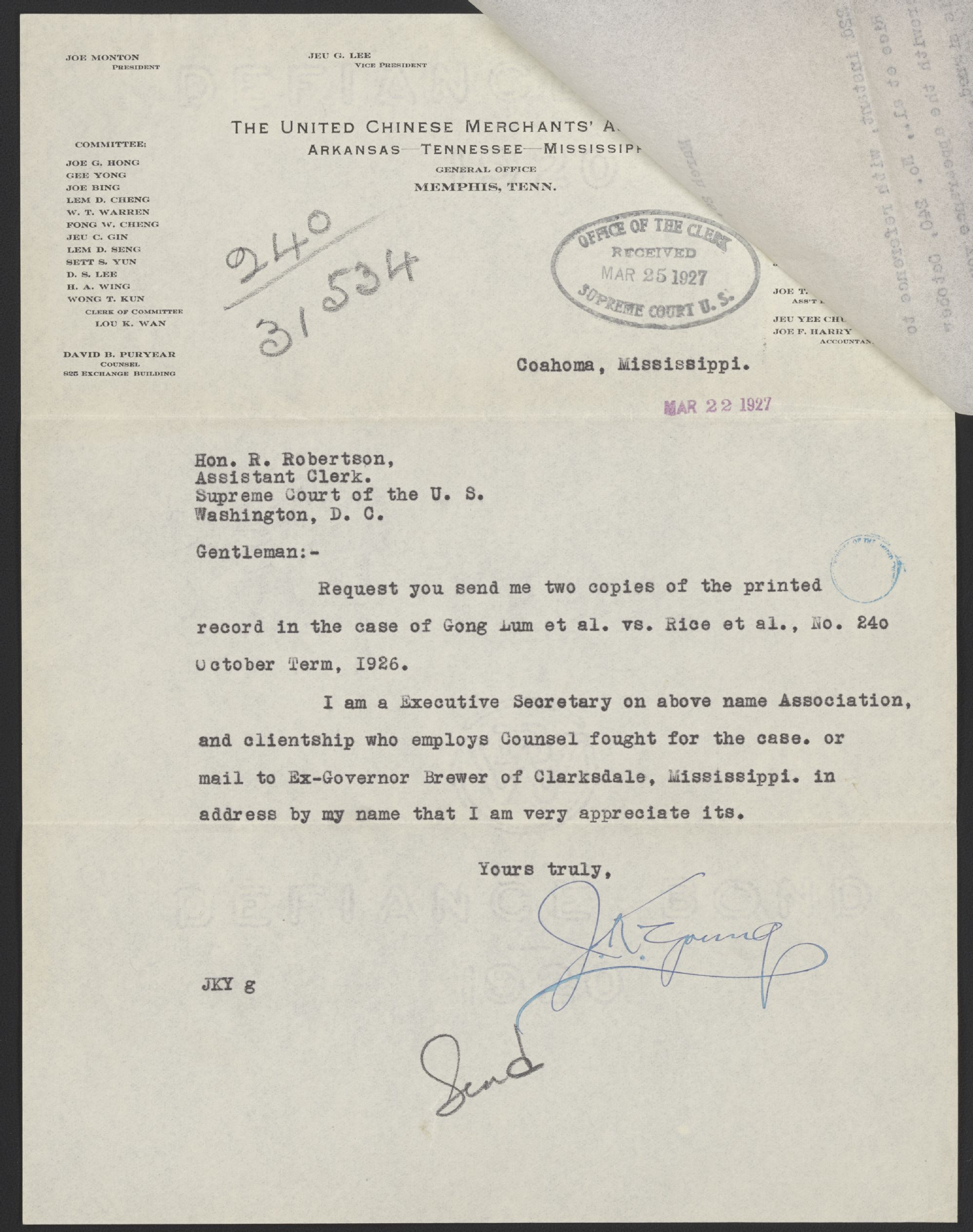 J. K. Young letter on United Chinese Merchants' Association letterhead, 22 March 1927
