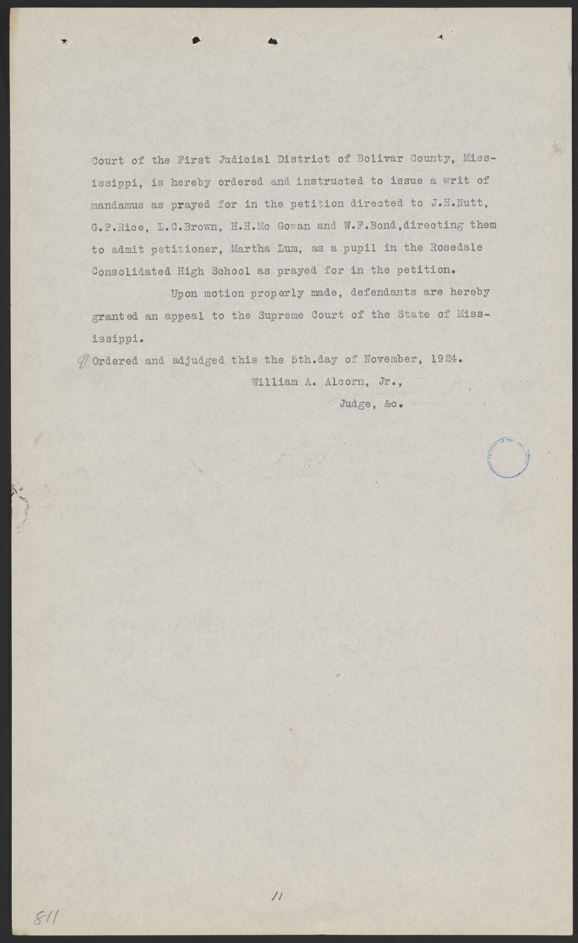 The circuit court directs Martha Lum’s admission, 5 November 1924