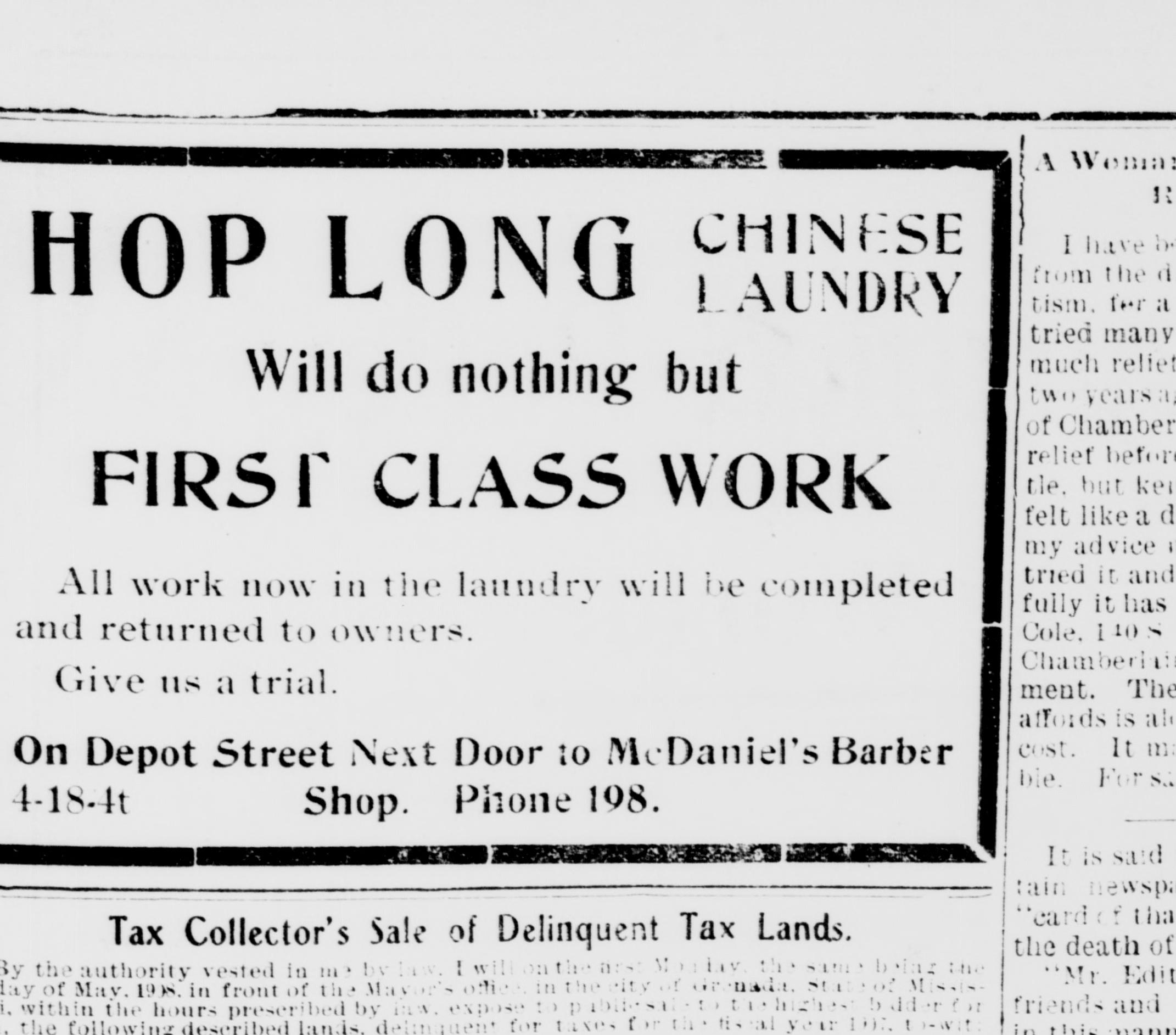Hop Long advertises laundry services, 25 April 1908