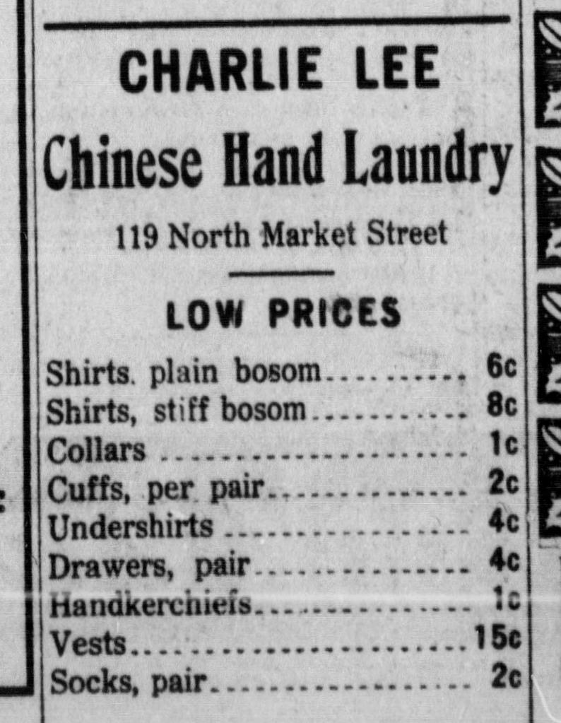 Charlie Lee advertises laundry services, 8 December 1912