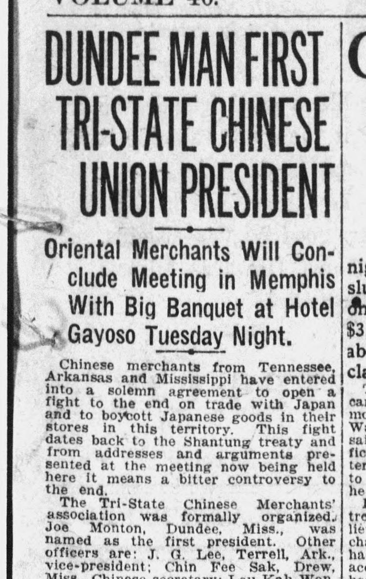 Dundee Man First Tri-State Chinese Union President, 3 August 1920